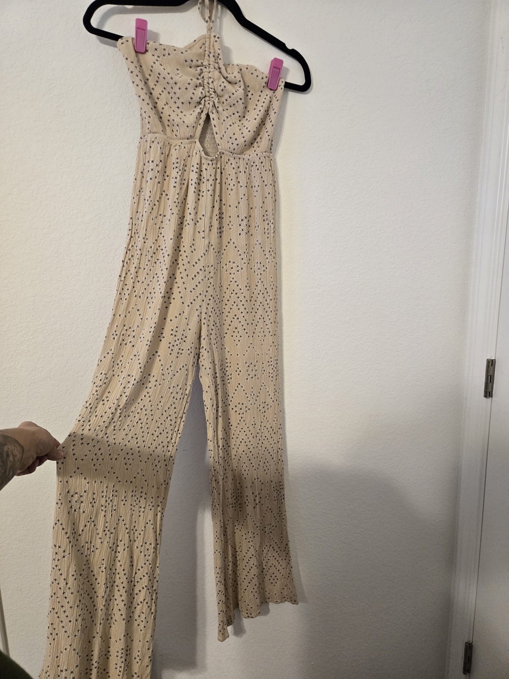 Forever 21 Beige Patterned Strapless Wide-Leg Jumpsuit